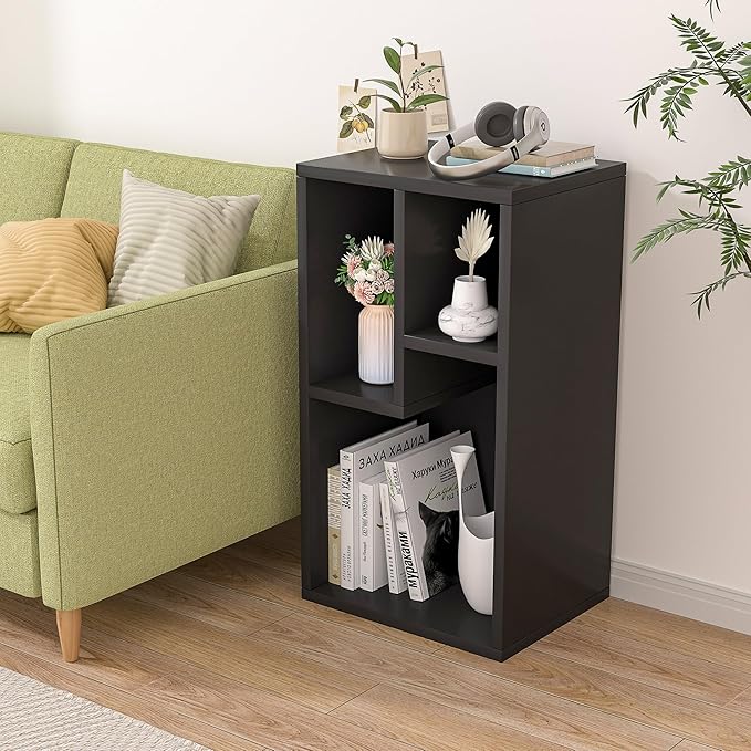 VECELO Small Bookshelf, 3 Cube Shelf, Fits Tallest Hardcovers, Horizontal Available, Modern Storage Organzier for Small Spaces, Black