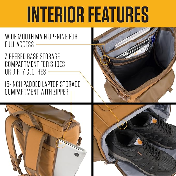 Carhartt 35L Nylon Workday Backpack, Durable Water-Resistant Pack with 15" Laptop Sleeve and Adjustable Shoulder Straps, Carhartt Brown