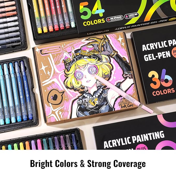 Acrylic Painting Gel Pens 54 Colors with 1mm Bullet Tip, Color Gel Pens for Adult Drawing, Coloring, Sketching, Journaling, DIY, Acrylic Ink Pen for Black Paper, Rock, Glass, School and Art Supplies