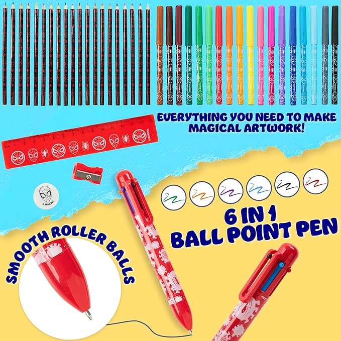 Marvel Spiderman Pencil Case with Colored Pencils Markers School Supplies Set Pen Holder Stationery Art Kit Gifts for Boys (Blue)