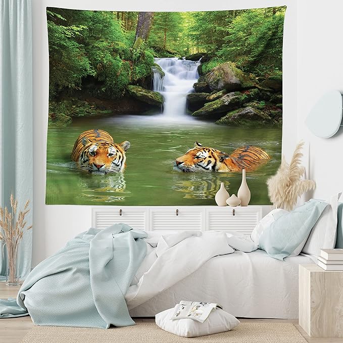 Ambesonne Savannah Tapestry, Siberian Tigers in Water Waterfall Pool Woodland Swimming Natural, Fabric Wall Hanging Decor for Bedroom Living Room Dorm, 45" X 30", Reseda Green Orange