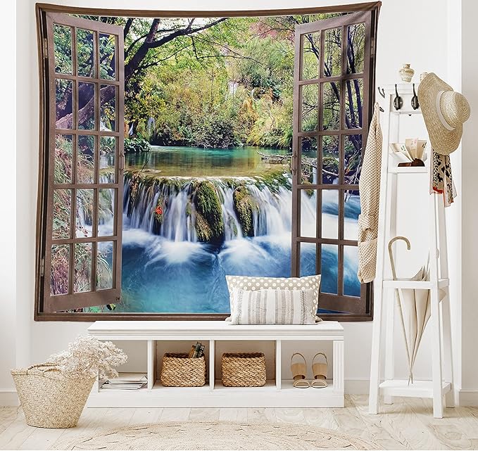 Ambesonne Waterfall Tapestry King Size, Wide Waterfall Deep down in the Forest Seen from a City Window Epic Surreal Print, Wall Hanging Bedspread Bed Cover Wall Decor, 104" X 88", Brown Black