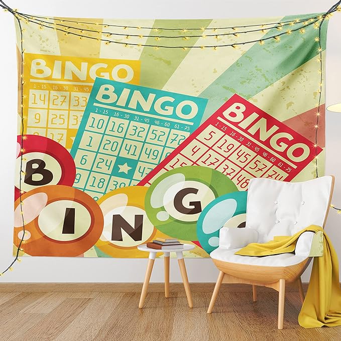 Ambesonne Vintage Tapestry, Bingo Game with Ball and Cards Pop Art Lottery Hobby Celebration Theme, Wall Hanging for Bedroom Living Room Dorm Decor, 40" X 60", Teal Multicolor