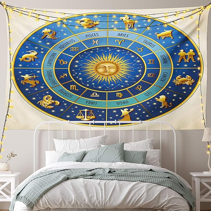 Ambesonne Astrology Tapestry, Wheel of Astrological Signs Names and Dates with Moon Sun in Middle, Fabric Wall Hanging Decor for Bedroom Living Room Dorm, 90" X 60", Blue Yellow and Cream