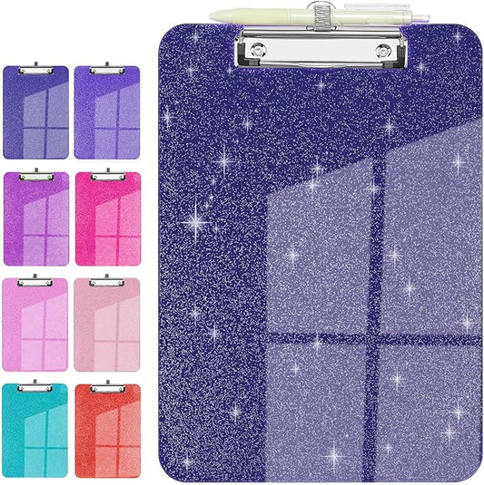 Sparkly Clipboard with Pen Holder, Clear Plastic Glitter Clip Board, Hanging Shiny Clipboards with Low Profile Metal Clip, Letter A4 Size for Taecher Women Office School (Navy Blue)