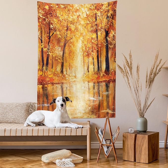 Ambesonne Country Tapestry Twin Size, Painting of a Forest by the Small Lake in Autumn Pale Fall Trees and Leaves Art, Wall Hanging Bedspread Bed Cover Wall Decor, 68" X 88", Brown Orange