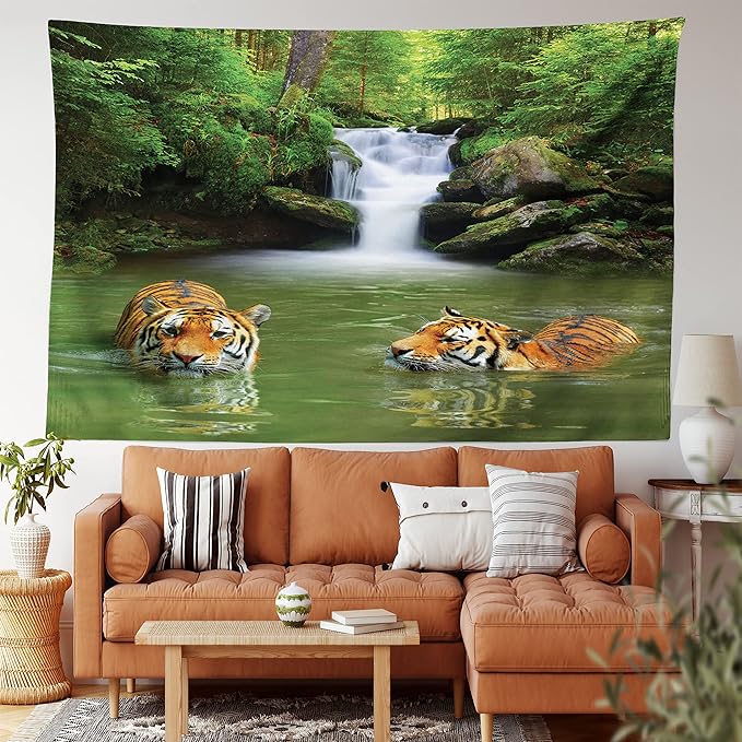 Ambesonne Savannah Tapestry, Siberian Tigers in Water Waterfall Pool Woodland Swimming Natural, Fabric Wall Hanging Decor for Bedroom Living Room Dorm, 45" X 30", Reseda Green Orange