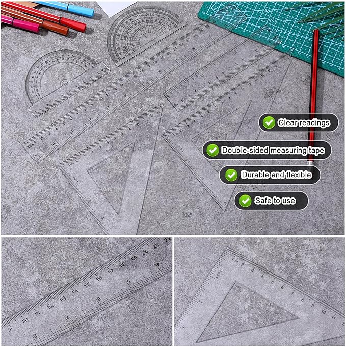 6pcs Transparent Plastic Geometry Kit Plastic Clear Ruler Math Set, Includes 6/12 Inch Straight Rulers, 2 Protractors 180 Degree, 2 Triangle Rulers Measuring Tool for Office Home Drawings