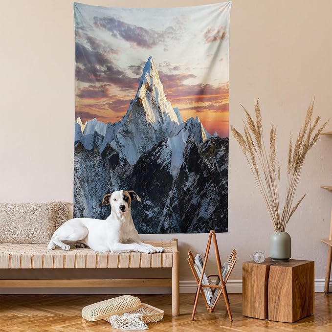 Ambesonne Mountain Tapestry, Evening South High Hill Above the Sky Colorful Nepal Everest Photo, Fabric Wall Hanging Decor for Bedroom Living Room Dorm, 30" X 45", Bluegrey Salmon