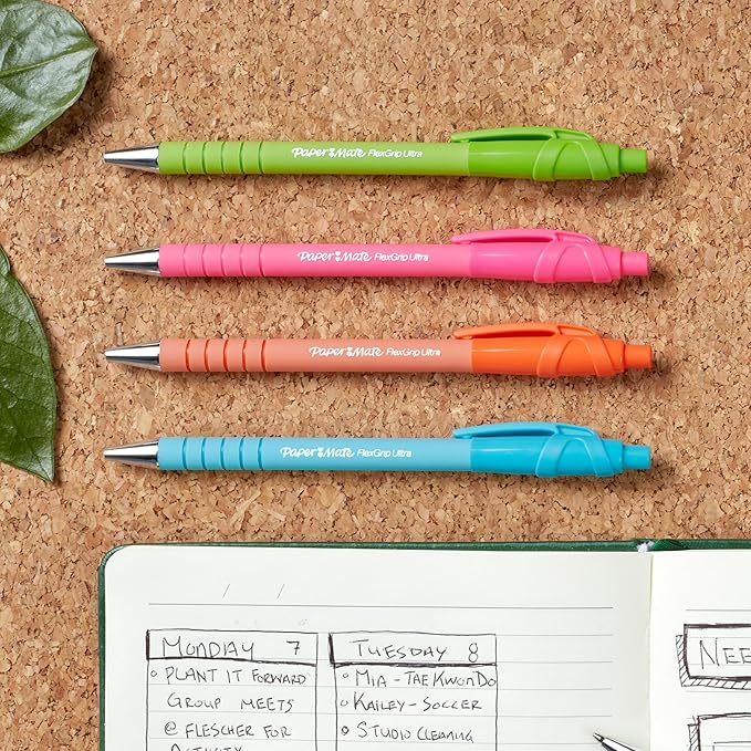 Paper Mate FlexGrip Ultra Ballpoint Pens Made from Recycled Plastic Materials Assorted Barrel Colors Medium Point (1.0mm) Black 12 Count