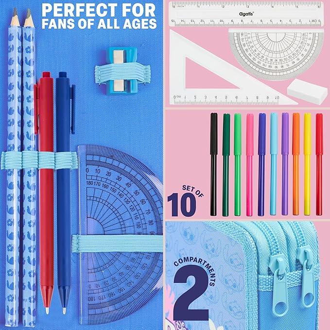 Disney Stitch Pencil Case for Girls Kids Tweens Colored Pencils Markers Pen Eraser Ruler Frozen School Supplies Stationary Gifts for Girls (Blue Stitch 2 Compartment)