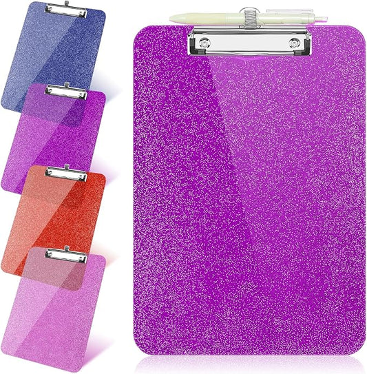 1 Pcs Clear Glitter Clipboards, Plastic Clipboard with Pen Holder,Size 8.85 x 12.4 in Shiny Clipboards with Low Profile Clip,Cute Hanging Clipboard for Office School Supplies Sparkly Clip board-Violet
