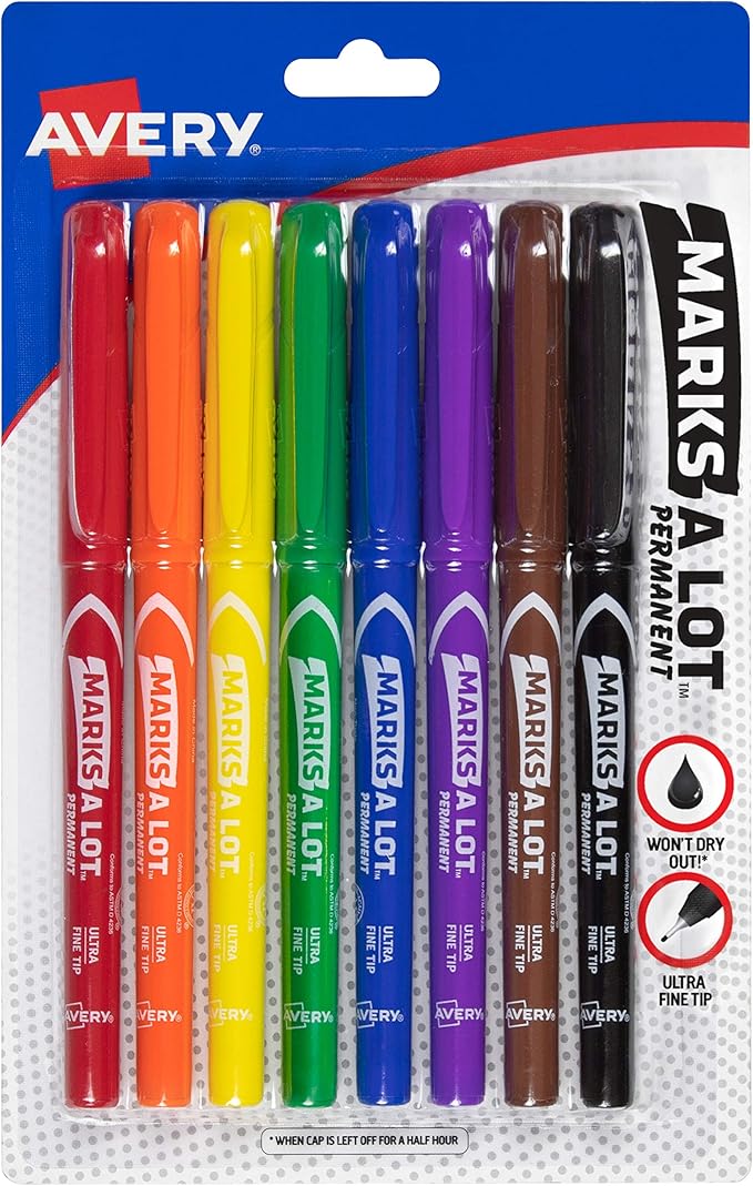 Avery Marks-A-Lot Permanent Markers, Ultra Fine Tip, 8 Assorted Markers For Coloring Books and Sketchbooks (09231)