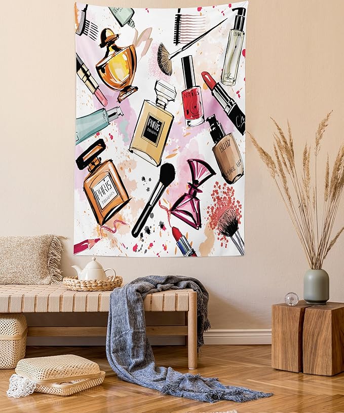 Ambesonne Fashion Tapestry, Cosmetic and Makeup Theme Pattern Perfume Lipstick Nail Polish Brush Modern, Wall Hanging for Bedroom Living Room Dorm Decor, 60" X 80", Coral White