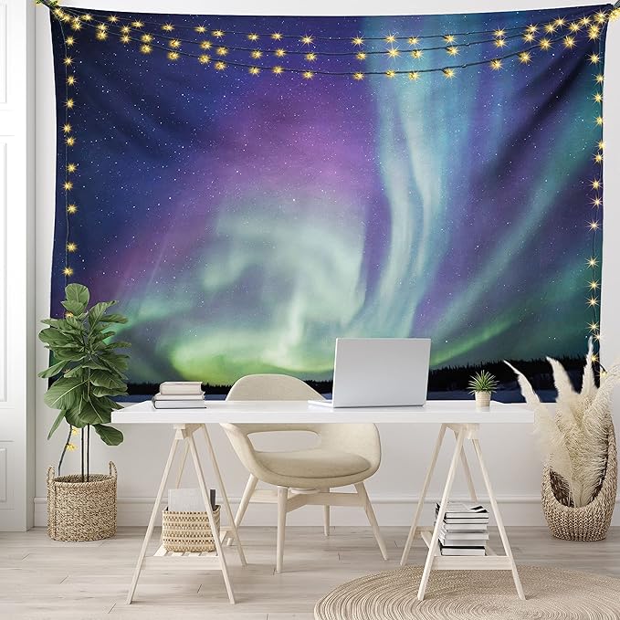 Ambesonne Aurora Borealis Tapestry, Exquisite Atmosphere Solar Starry Sky Calming Night Image, Fabric Wall Hanging Decor for Bedroom Living Room Dorm, 28" X 23", Dark Blue Mint Green