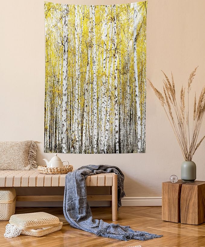 Ambesonne Forest Tapestry, Autumn Birch Forest Golden Yellow Leaves Woodland October Seasonal Nature Picture, Wall Hanging for Bedroom Living Room Dorm Decor, 60" X 80", Yellow Grey