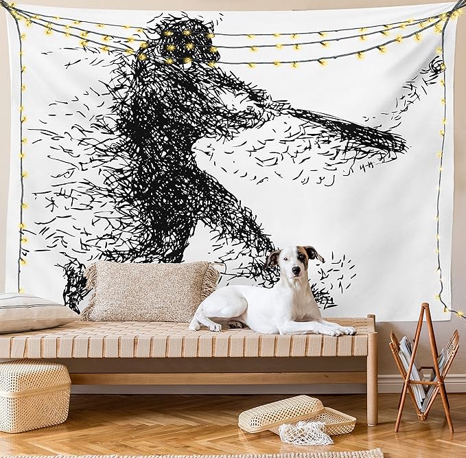 Ambesonne Black and White Tapestry, Abstract Illustration of a Baseball Player Posing Grunge, Fabric Wall Hanging Decor for Bedroom Living Room Dorm, 30" X 45", White Charcoal