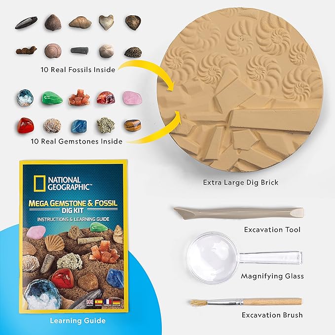 National Geographic Mega Fossil and Gemstone Dig Kit - Excavate 20 Real Fossils and Gems, Science Kit for Kids, Rock Digging Excavation Kit, Geology Gifts for Boys and Girls