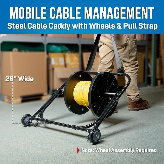 Jonard Tools CC-2726WS 26" Wide Steel Cable Caddy with Wheels and Pull Strap for Large Cable Spools 22” x 20”, 100 Lb. Capacity