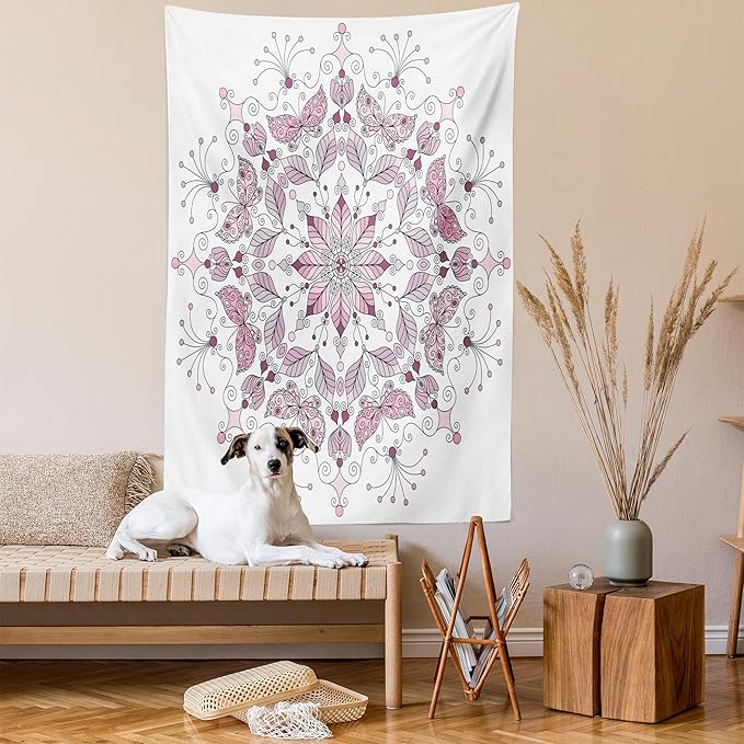 Ambesonne Mandala Tapestry, Lacy Inspired Pastel Floral Motif with Butterfly and Lotus Branches Design, Wall Hanging for Bedroom Living Room Dorm Decor, 40" X 60", White Pale Pink