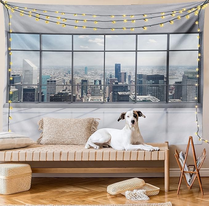 Ambesonne City Tapestry, Clean Office with Big Window Downtown Skyscraper Buildings Domestic Cityscape Art, Fabric Wall Hanging Decor for Bedroom Living Room Dorm, 28" X 23", Grey White