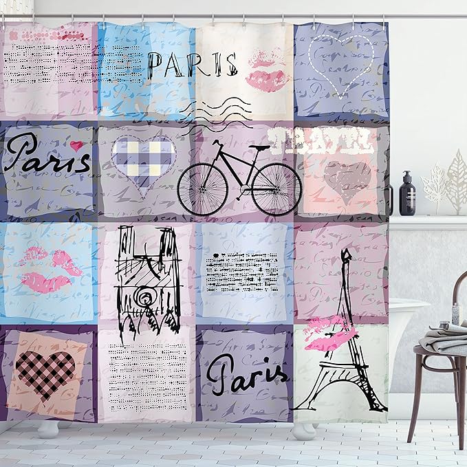 Ambesonne Paris Shower Curtain, Grunge Textured Retro Collage of France Famous Object Eiffel Tower Europe Theme, Cloth Fabric Bathroom Decor Set with Hooks, 69" W x 75" L, Multicolor Lilac