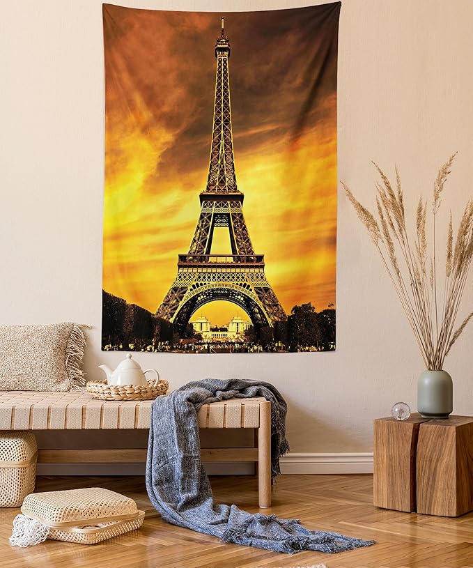 Ambesonne Eiffel Tower Tapestry, Paris Love City Monument in Dramatic Sunrise Picture of French Landmark, Fabric Wall Hanging Decor for Bedroom Living Room Dorm, 23" X 28", Yellow Brown