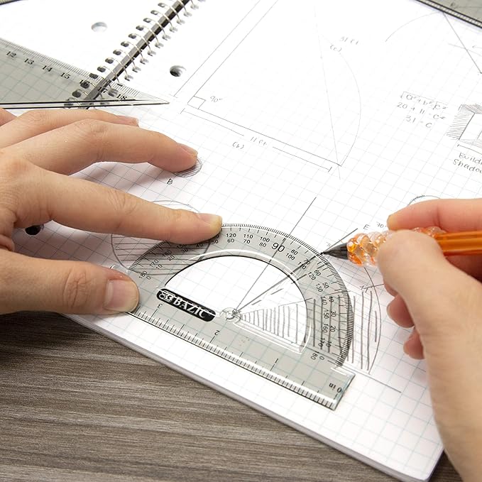 BAZIC Products Math Geometry Set 4 Pieces, Compass, Protractor, Ruler, 2 Triangle Rulers, Plastic Clear Measuring Setss Professional, 144-Packs