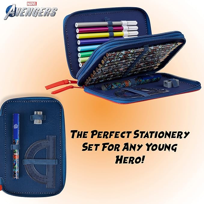 Marvel Boy's Pencil Case, Pencil Case with Compartments Filled School Supplies, Felt, Coloured Pencil, Spiderman Avengers Back to School Gift