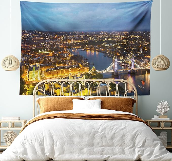 Ambesonne Modern Tapestry, Sunset at London England Cityscape Night Time and Tower Bridge Landmark Urban, Fabric Wall Hanging Decor for Bedroom Living Room Dorm, 30" X 45", Yellow Bluegrey