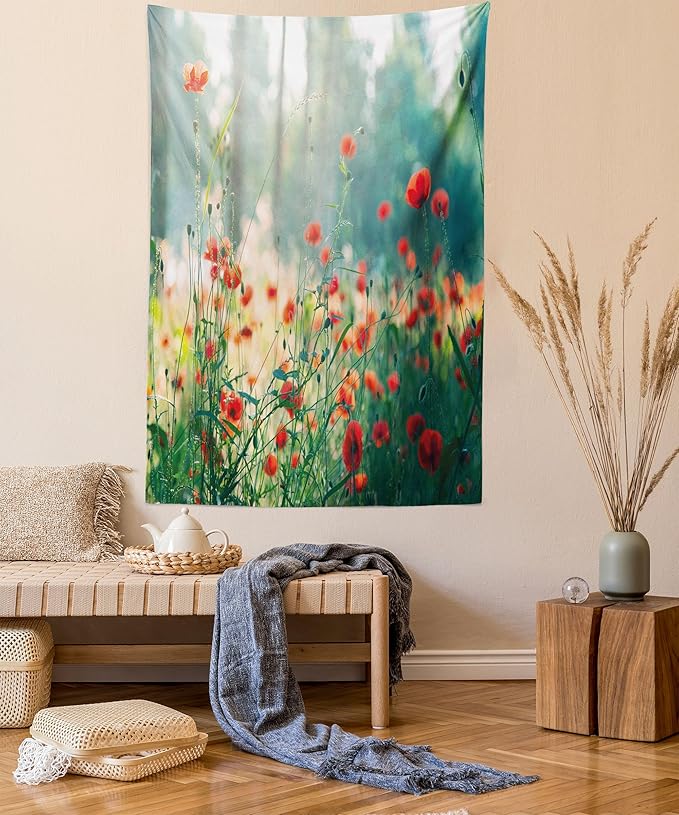 Ambesonne Nature Tapestry, Wild Red Poppy Flowers Field Summertime Sunbeams Gardening Bedding Plants, Fabric Wall Hanging Decor for Bedroom Living Room Dorm, 30" X 45", Red Green Yellow