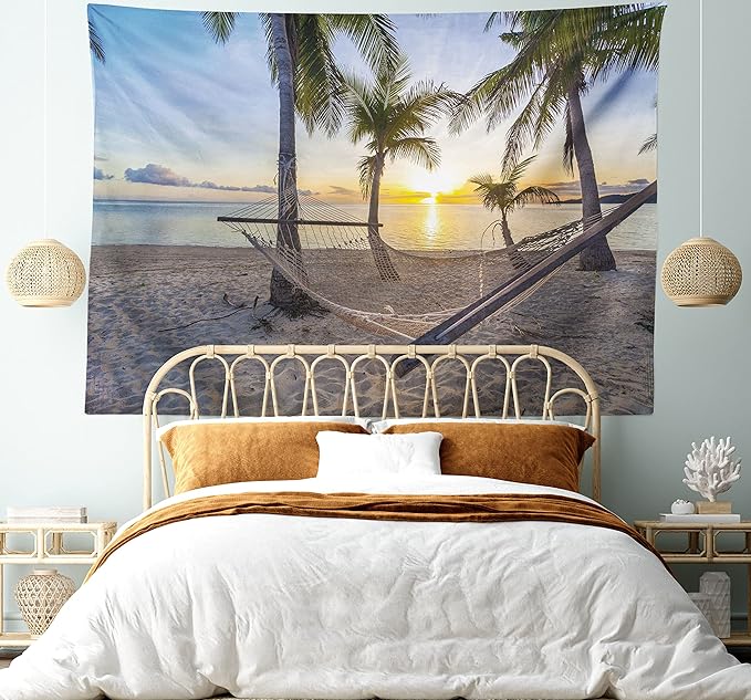 Ambesonne Tropical Tapestry, Paradise Beach Hammock and Coconut Palm Trees Horizon Coast Vacation Scenery, Fabric Wall Hanging Decor for Bedroom Living Room Dorm, 45" X 30", Sand Brown
