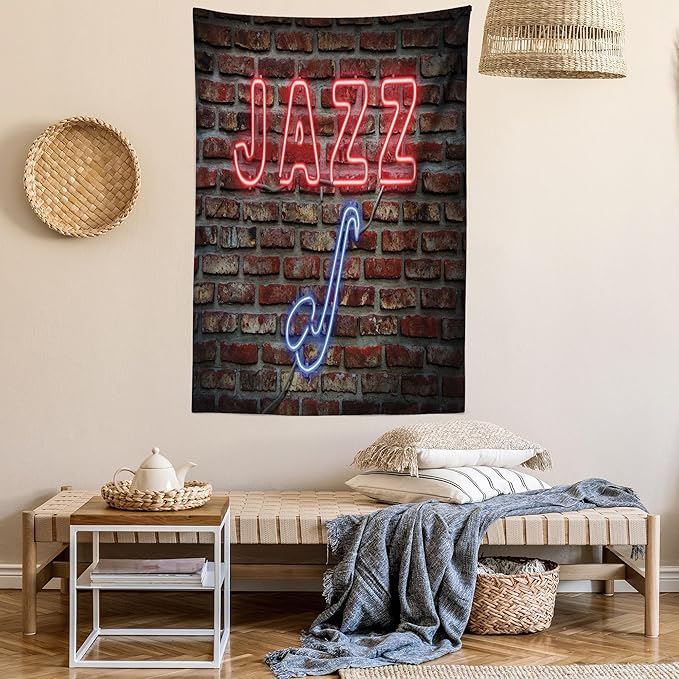 Ambesonne Music Tapestry, Image of Alluring Neon All Jazz Sign Saxophone Instrument on Brick Wall Print, Fabric Wall Hanging Decor for Bedroom Living Room Dorm, 30" X 45", Red Blue