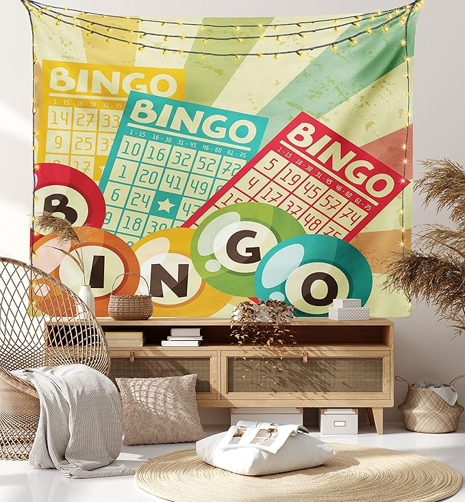 Ambesonne Vintage Tapestry, Bingo Game with Ball and Cards Pop Art Lottery Hobby Celebration Theme, Fabric Wall Hanging Decor for Bedroom Living Room Dorm, 45" X 30", Teal Multicolor
