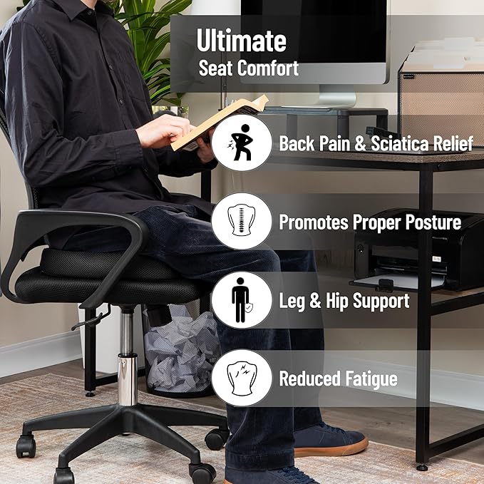 Mind Reader Gel Memory Foam Seat Cushion with Tailbone Cutout, Air-Cloud Technology, Ergonomic Support for Office Chair, Car, Sciatica, Coccyx & Hip Pain Relief, Black