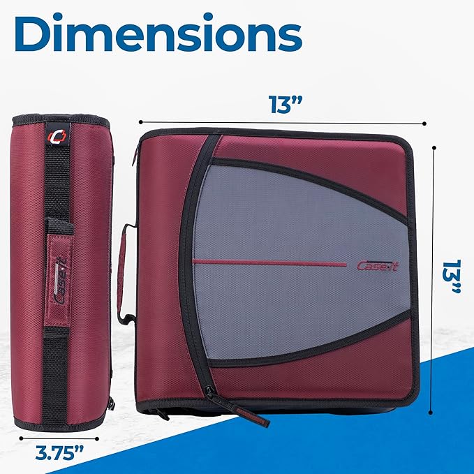 Case-it Mighty Zip Tab School Zipper Binder | 3-Inch O-Rings, 600-Sheet Capacity, 5-Subject Expanding File Folder, Multiple Pockets & Storage Organizer, Shoulder Strap | D-146 Red Burgundy