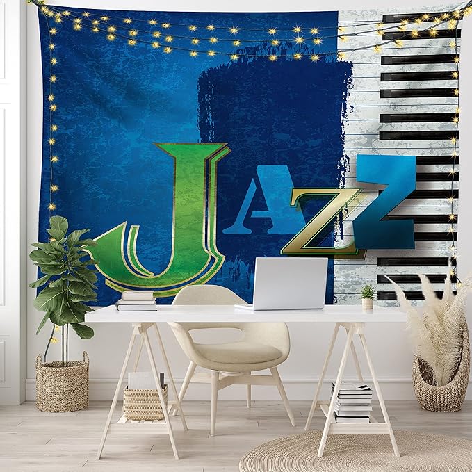 Ambesonne Jazz Music Tapestry King Size, Abstract Cracked Background Piano Keys Themed Print Rhytym Image, Wall Hanging Bedspread Bed Cover Wall Decor, 104" X 88", Navy Green White