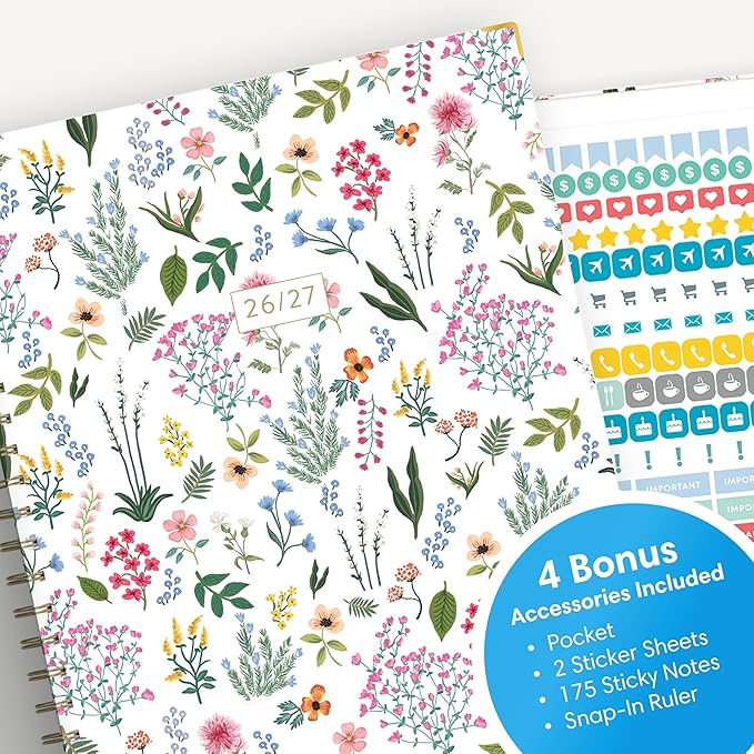 Blue Sky 15 Month 2026-2027 Weekly and Monthly Academic Year Planner Calendar, April 2026 - June 2027, 8.5" x 11", Hard Cover, Wirebound, Laminated Tabs, Storage Pocket, Includes Snap-in Ruler w/Sticky Notes & Sticker Sheet, Londonberry White