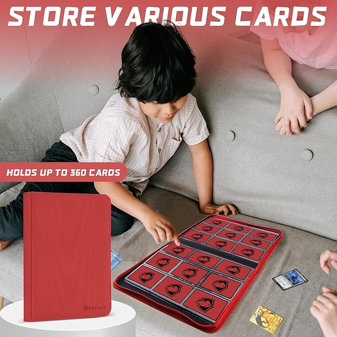 Card Binder,360 Pockets Trading Card Holder Book, Premium PU Cover Zip Folder Binder, Side Loading Carrying Case Binder Album for TCG, MTG,Sports Cards, Game Cards (Red)