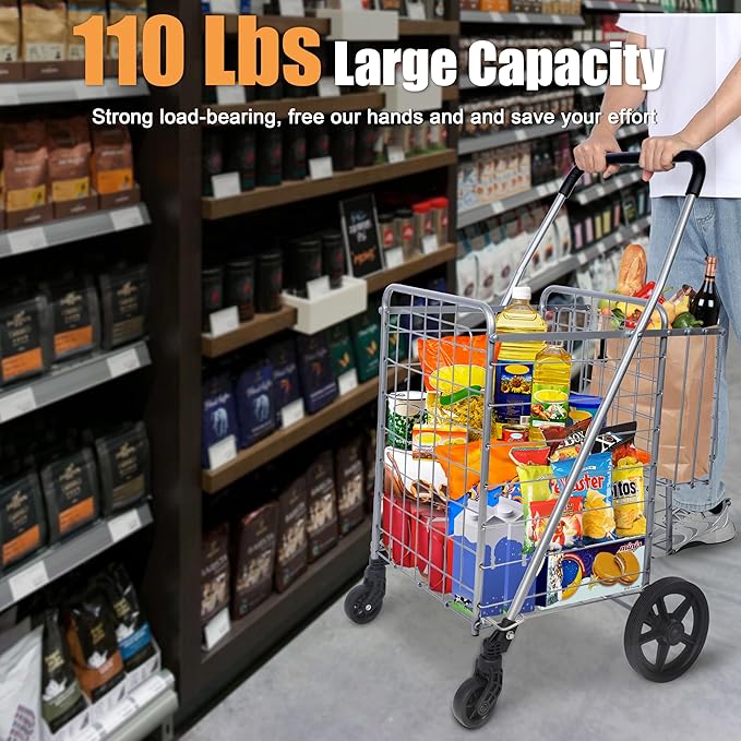 Whitmor Utility Folding Shopping Cart, 115L Heavy Duty Grocery Cart with Double Basket, 360° Swivel Wheels, Foldable Rolling Utility Trolley, 110 Lbs Capacity for Grocery, Laundry, Travel, Sliver