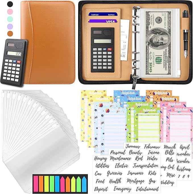 Budget Binder with Zipper Envelopes, Cash Envelopes for Budgeting, A6 PU Leather Budget Planner 2026 with Cash Envelopes Calculator, Bill Money Organizer for Cash Saving Budget System Wallet