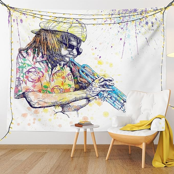 Ambesonne Jazz Music Tapestry, Illustration of Trumpeter with Paint Splashes at the Background Entertainment, Wall Hanging for Bedroom Living Room Dorm Decor, 40" X 60", Purple Yellow
