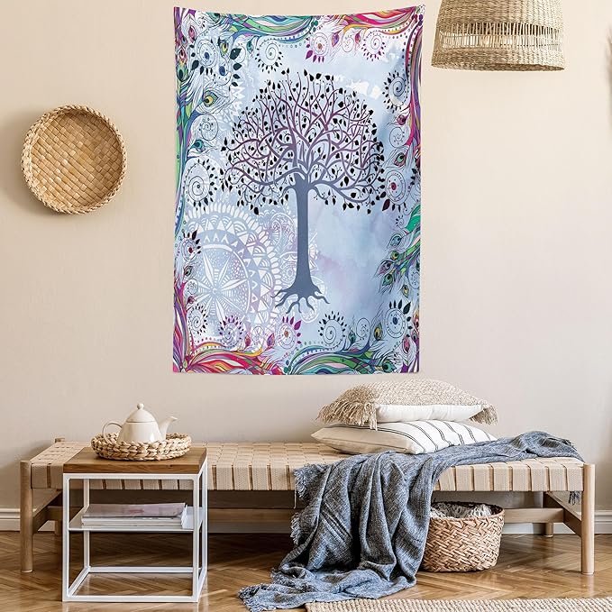 Ambesonne Nature Tapestry, Tree of Life Motif Peacock Feathers Tribal Vintage Prehistoric Flora Illustration, Wall Hanging for Bedroom Living Room Dorm Decor, 60" X 80", Blue