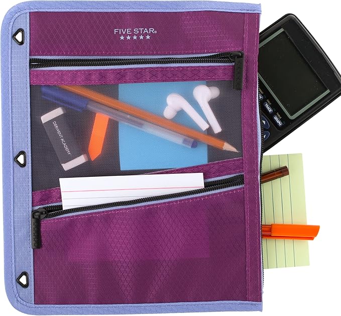 Five Star Pencil Pouch, Pen Case, 3-Pocket Zipper Pouch, Fits 3-Ring Binder, Storage Organizer for Classroom Supplies Earbuds Chargers Cables Makeup, Lilac/Berry (500208F-ECM)