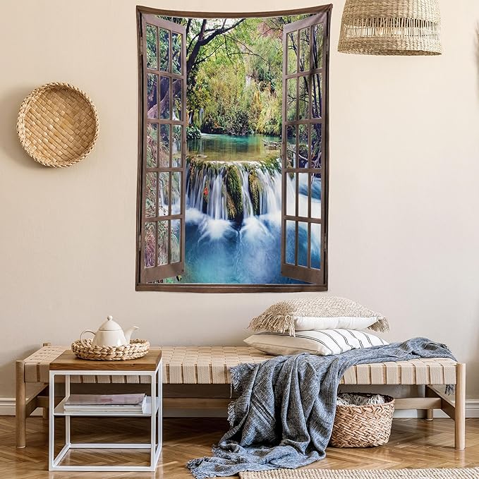Ambesonne Waterfall Tapestry Twin Size, Wide Waterfall Deep down in the Forest Seen from a City Window Epic Surreal Print, Wall Hanging Bedspread Bed Cover Wall Decor, 68" X 88", Brown Black