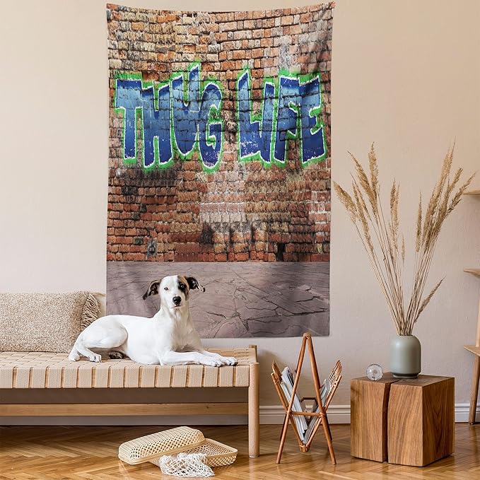 Ambesonne Thug Life Tapestry, Graffiti Style Words on a Brick Wall Street Urban Art Hip Hop Rap Culture Theme, Fabric Wall Hanging Decor for Bedroom Living Room Dorm, 23" X 28", Brown Blue