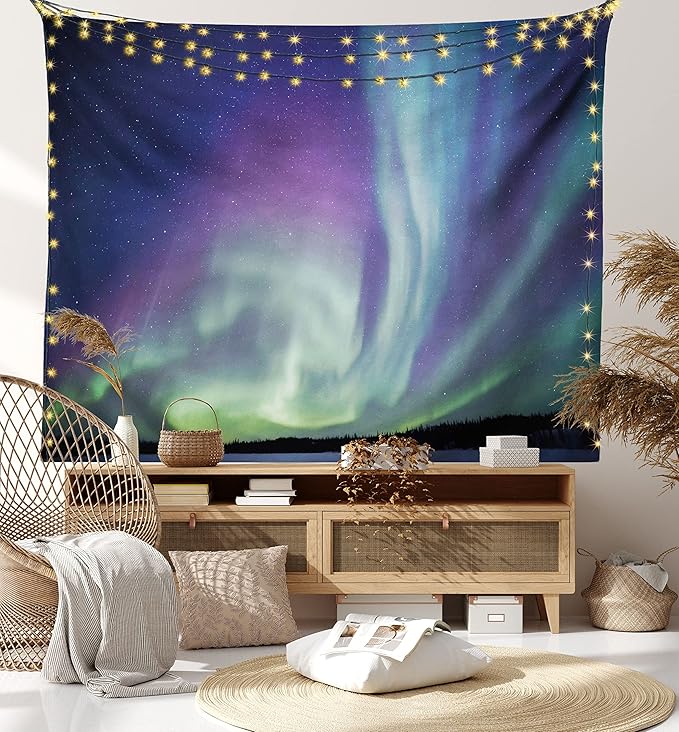 Ambesonne Aurora Borealis Tapestry, Exquisite Atmosphere Solar Starry Sky Calming Night Image, Fabric Wall Hanging Decor for Bedroom Living Room Dorm, 28" X 23", Dark Blue Mint Green