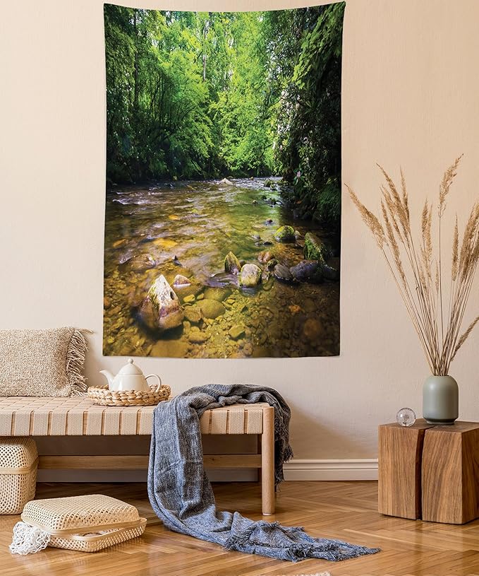 Ambesonne Appalachian Tapestry Queen Size, Oconaluftee River at Smoky Mountains National Park, Wall Hanging Bedspread Bed Cover Wall Decor, Queen Size, Lime Green Charcoal Grey