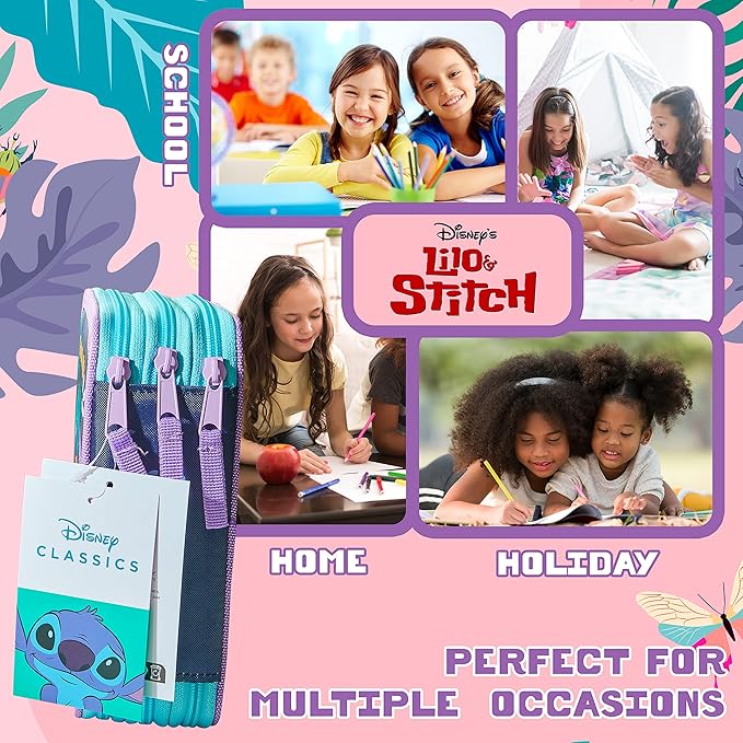 Disney Stitch Filled Pencil Case with Colored Pencils, Markers, Gifts for Girls Kids, Stationery School Art Supplies Pouch Holder Organizer (Multi Stitch Triple Zip)