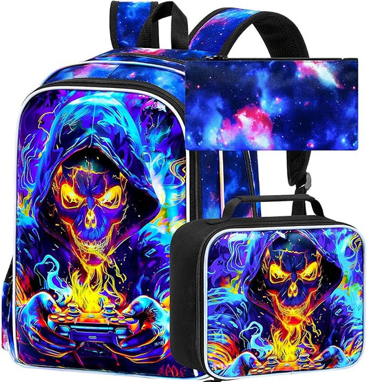 KLFVB 3PCS Bookbag for Boys, 17" Kids Gaming School Backpack and Lunch Box, Water Resistant Backpack for Teenagers Middle Elementary - Skull Game